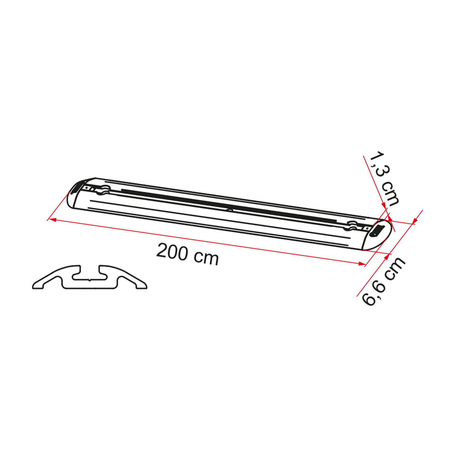 Fiamma garage bar Premium 200. Mått: 200 x 6,6 x 1,3 cm